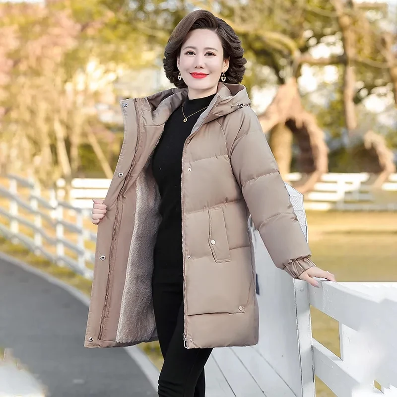 

Mom Down cotton-padded jacket Winter New Thick Warm Parker Coat Elegant Mid-Length Loose Hooded cotton jacket Women's Overcoat