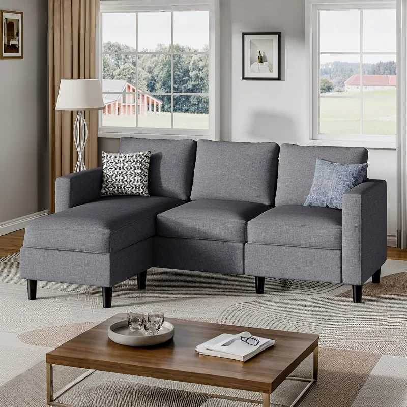 

home.Small Sectional Couch with Ottoman, 3 Seat L Shaped Sofa, Fabric Upholstered Convertible Sofa Couches, Small Cou