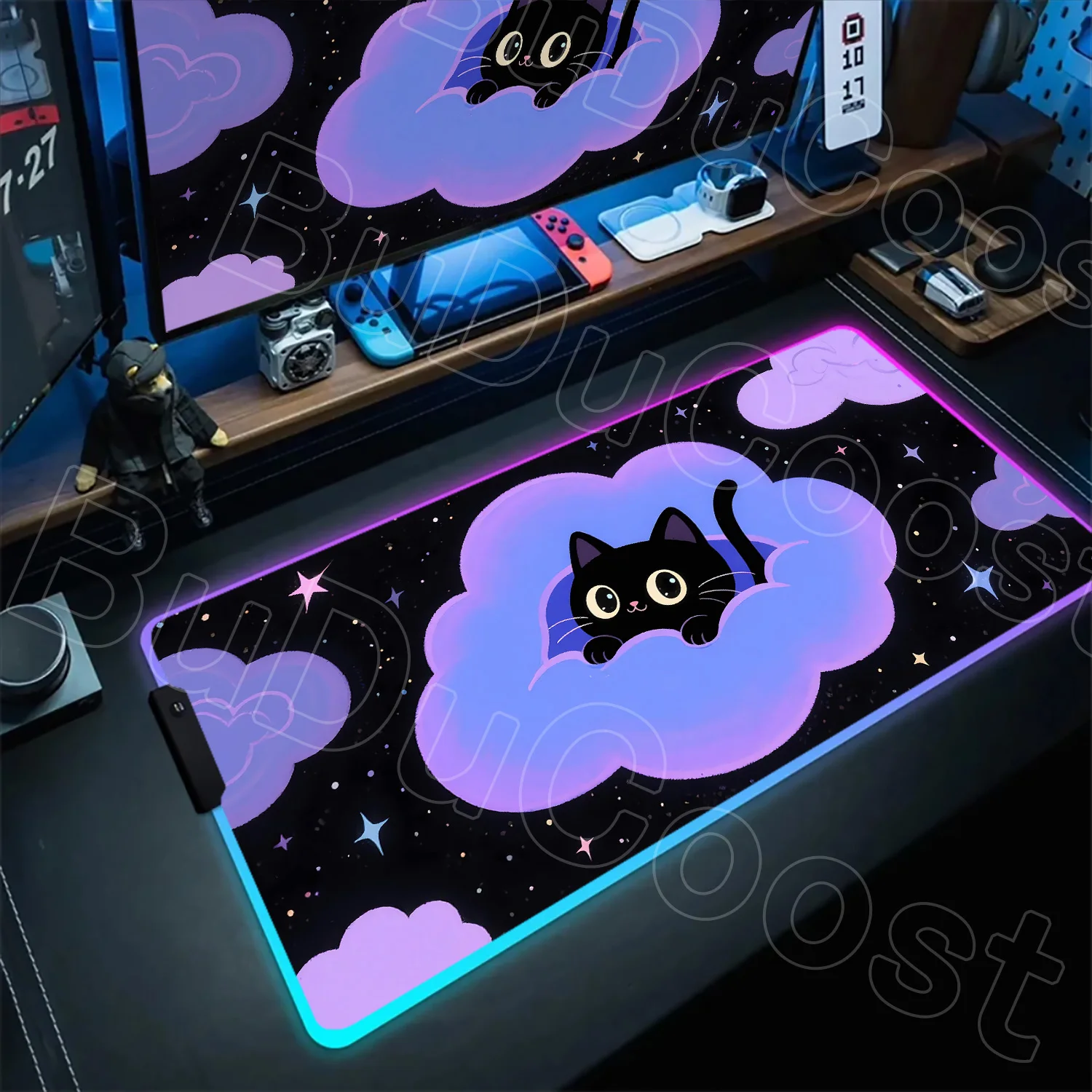 

Black Cat RGB Mouse Pad Large Size Mousepad Cloud Kawaii Mouse Mat Computer Office Accessories Desk Mat 900x400 Rubber Mause Pad