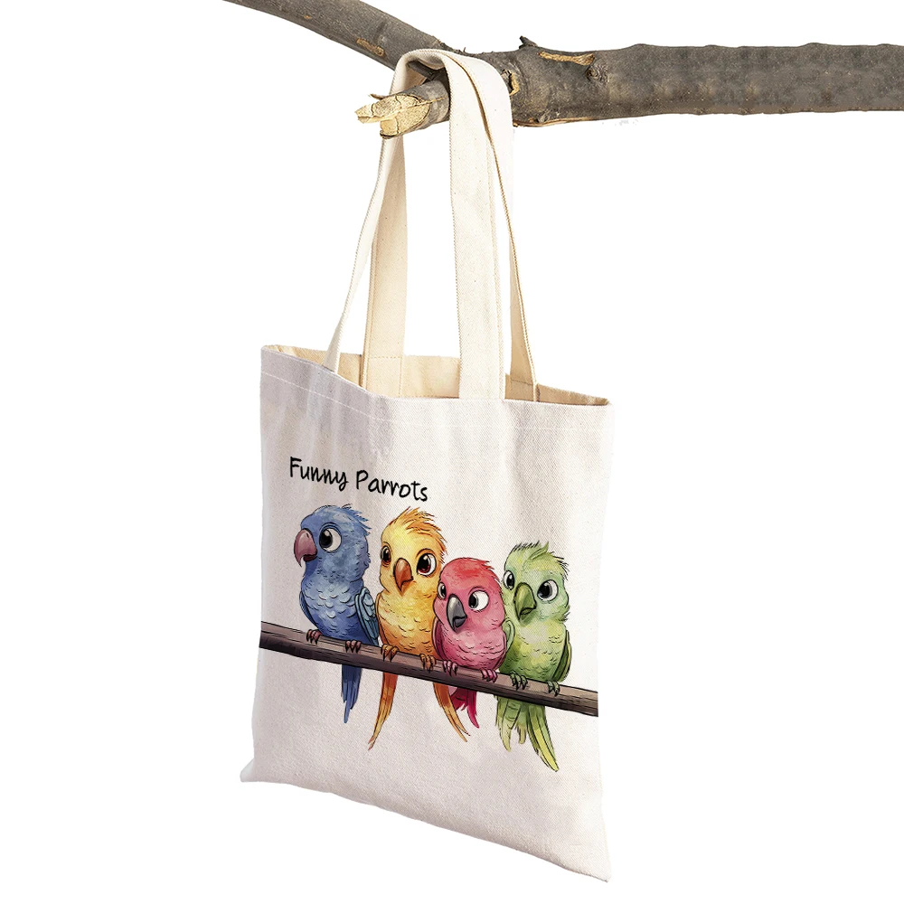 Animal Art Papagaio Sacos De Compras Para As Mulheres, Dupla Impressão, Presente Das Crianças, Birds Shopper Bag, Linen Eco Tote, Bolsa De Ombro para Senhora