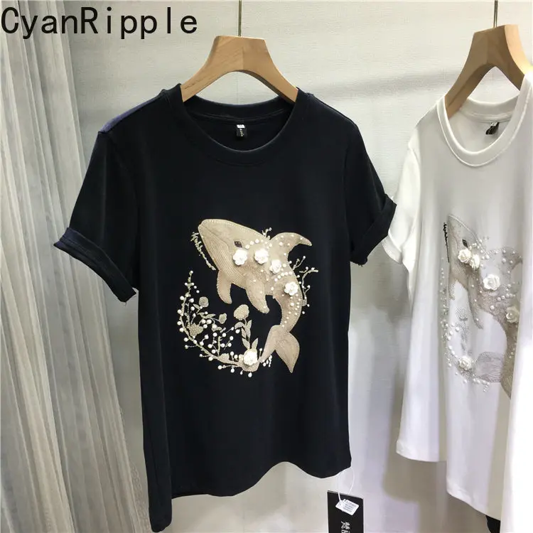3d Flowers Beading Short Sleeve T-shirt All-match Summer Round Neck Slimming Basic Top Large Size Women Diamonds Cotton Tees