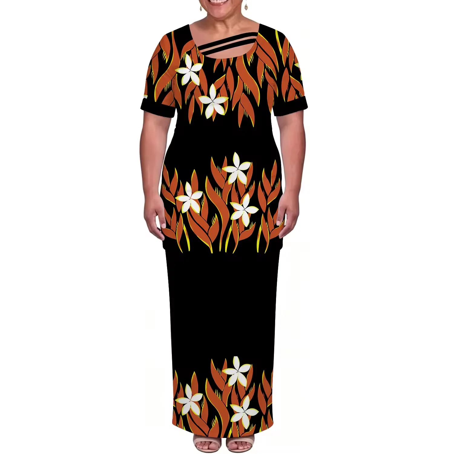 

New Women Plus Size Samoan Dress Custom Pattern Short Sleeve Cutout Neck Short Sleeve Maxi Skirt Outfit Samoa Island 2 Pc