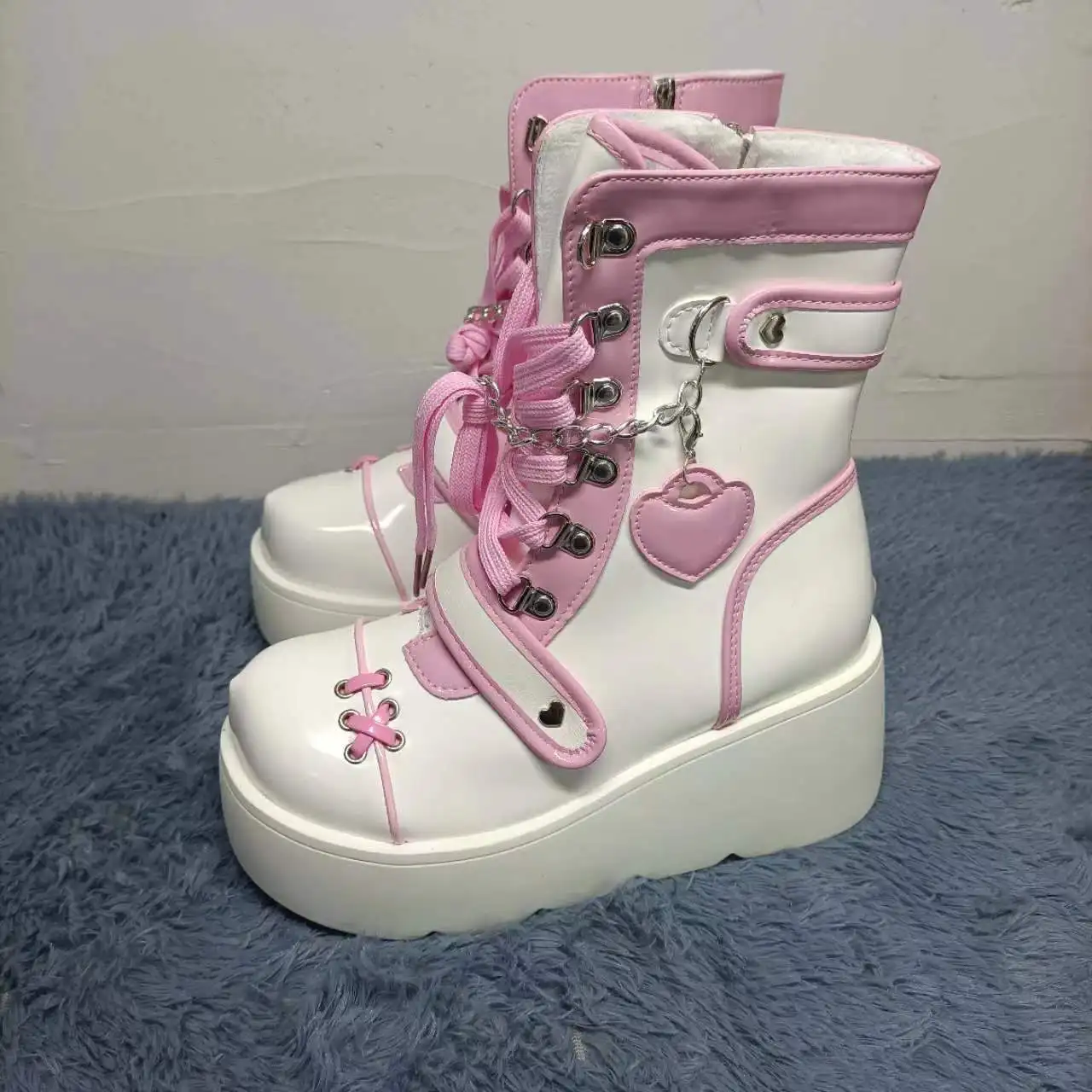 Boots Woman Lolita Shoes Winter 2023 Platform Heels Women\'s Mid Calf Booties Gothic Pink Cute Chain JK Cosplay Japanese Style