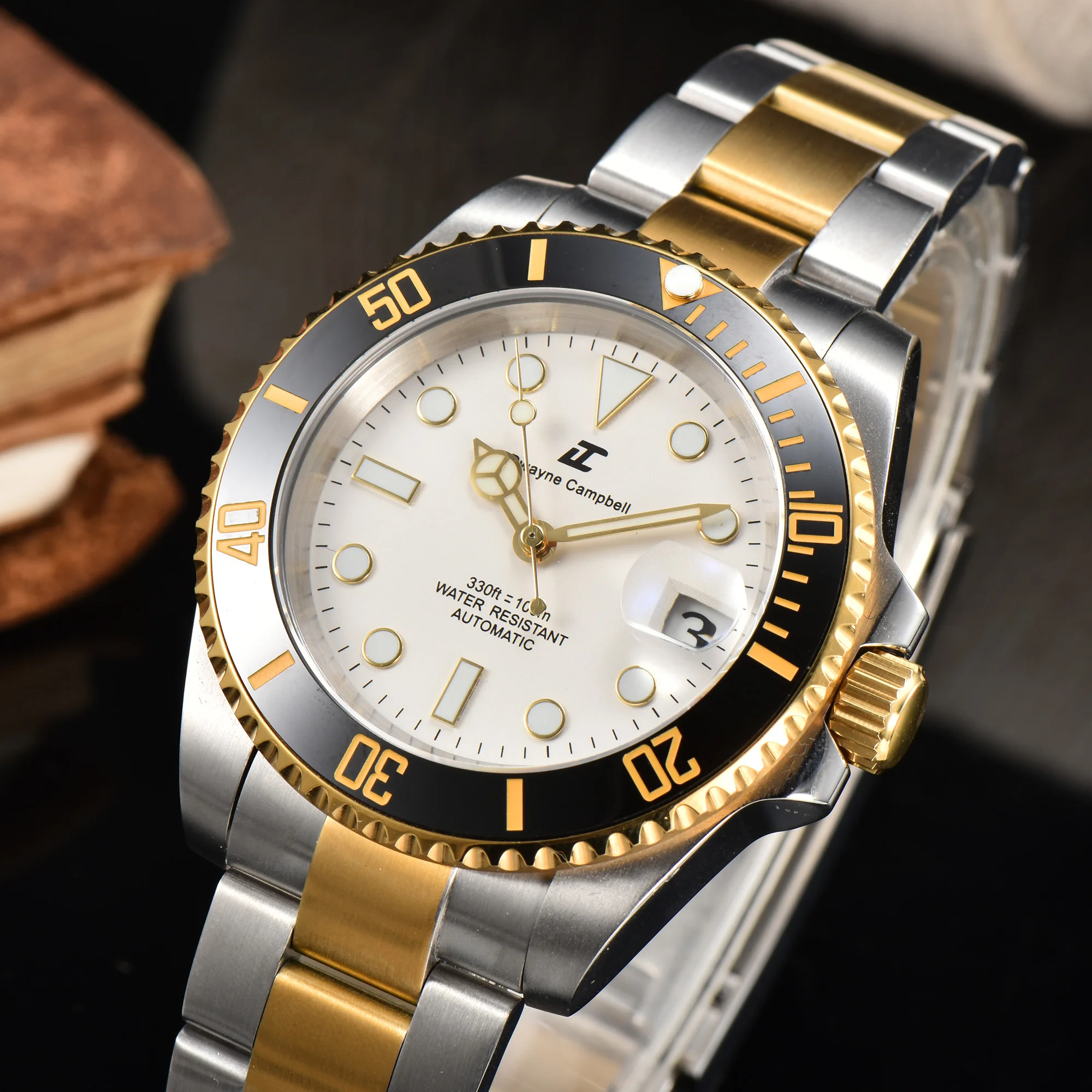 40.5mm mechanical watch with NH35 movement, featuring waterproof sapphire glass, and stainless steel/rubber strap.