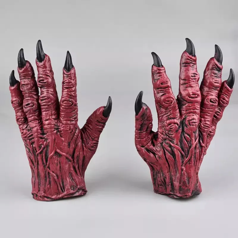 Red Demon Gloves Latex Adult Werewolf Costume Scary Fingernails Monster Hands Paws Claw Bar Props Party Easter Gloves One Size
