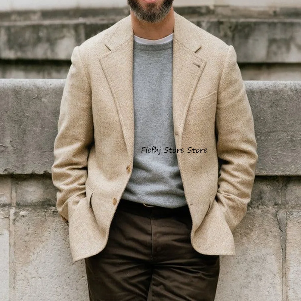 

Деловой повседневный стиль, мужское социальное пальто, винтажная ткань «елочка», модный костюм, куртки для мужчин, однобортный с зубчатыми лацканами