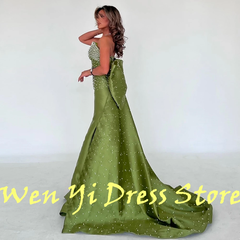 luxury Beading Sequined Green Bow Satin Evening Dresses Exquisite Panel Traina Pleats A-Line Floor Length Strapless Sleeveless