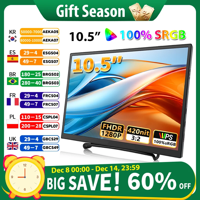 

420Cd/m ² 10.5 inch Portable Monitor IPS FHD 1280P 100%SRGB Game Screen Laptop Mac Xbox PS4/5 Switch Display