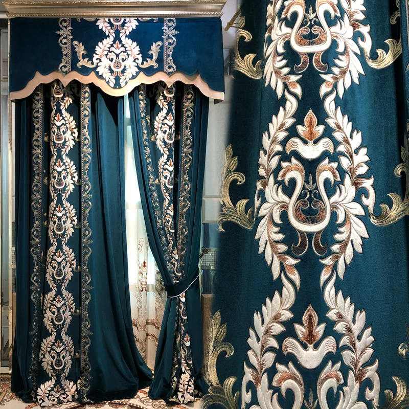 

European Blue Flannelette Embroidered Window Curtains for Living Room Bedroom Villa French Window High Window Customized