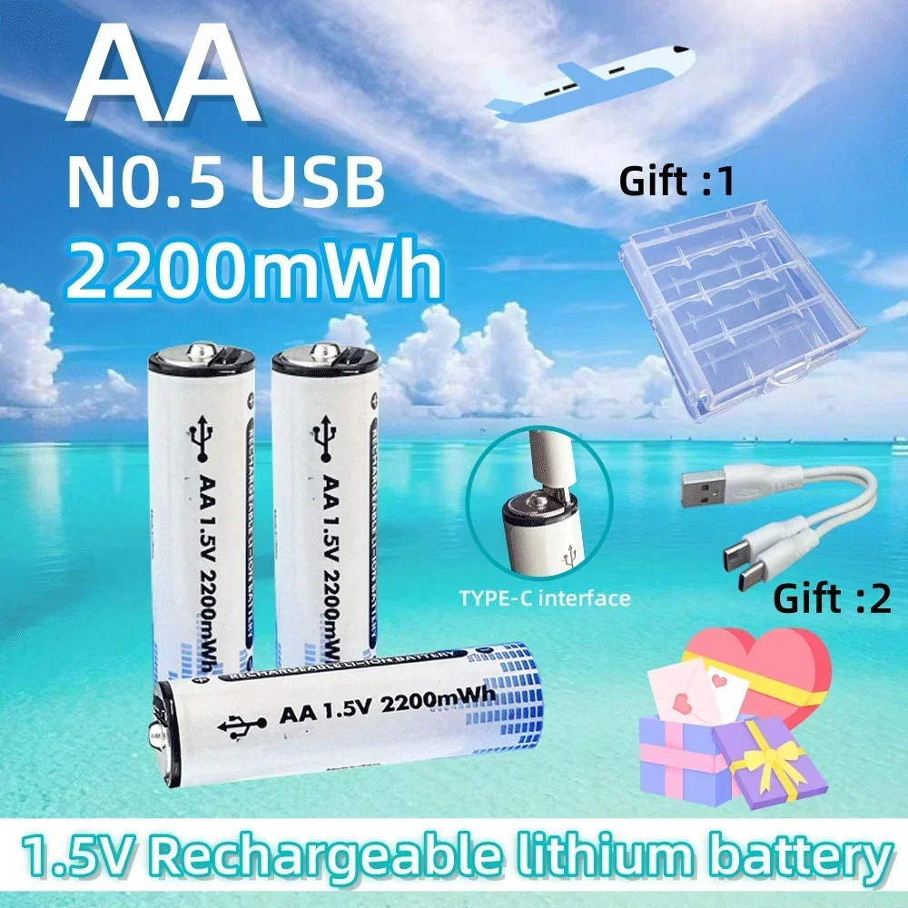 

AA 1.5V 2200mWh No.5 Rechargeable Lithium Battery with Real High Capacity USB-C Direct Fast Charge for Mic Toy Flashlight