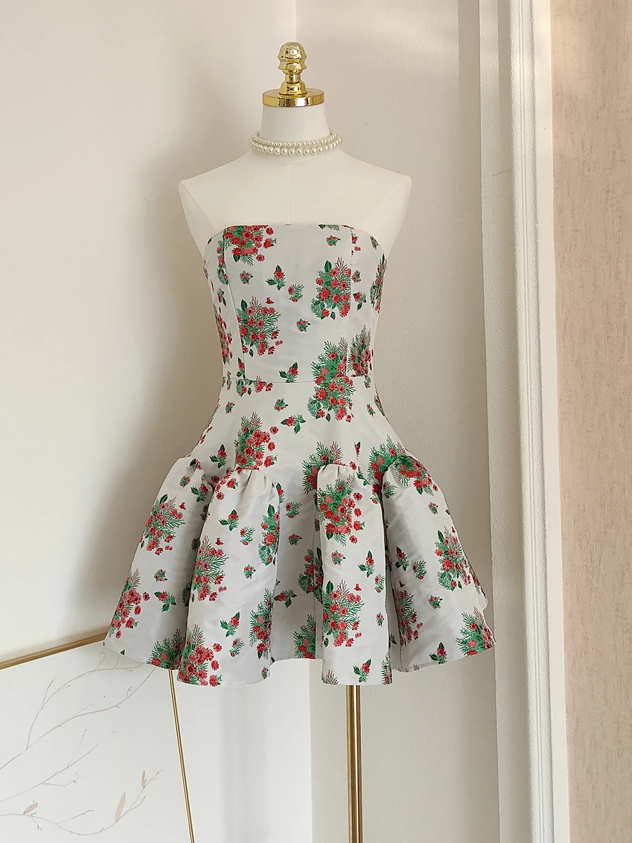 Vestido corto Vintage de alta calidad para mujer, elegante vestido de cóctel con estampado Floral y espalda descubierta para fiesta de noche y cumpleaños