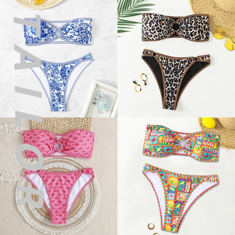 

Bikini blue and white porcelain print tube top sexy bikini swimsuit swimsuit women 2025 new