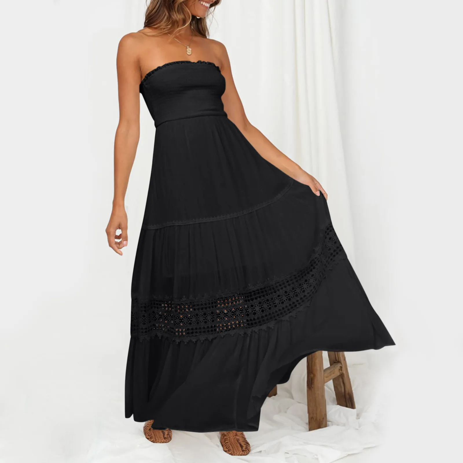 

Summer Bohemian Strapless Long Maxi Dress Women 2022 Sexy Cold Shoulder Lace Trim Backless Party Dress Flowy A Line Beach Robe