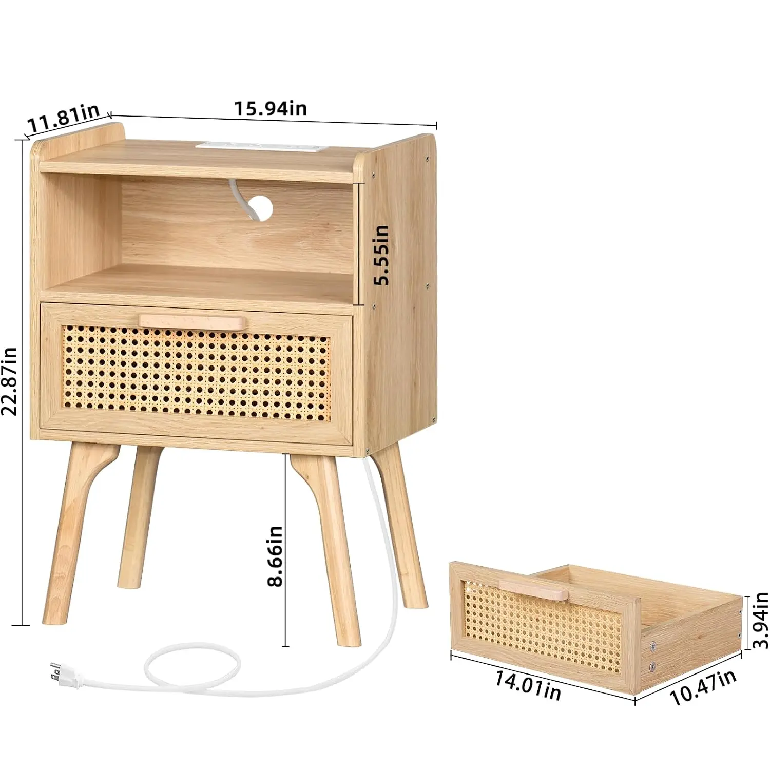 Rattan Nightstand Set of 2 with Charging Station, Boho Side Table with Drawer & Open Shelf, Cane Accent Bedside Table with Wood