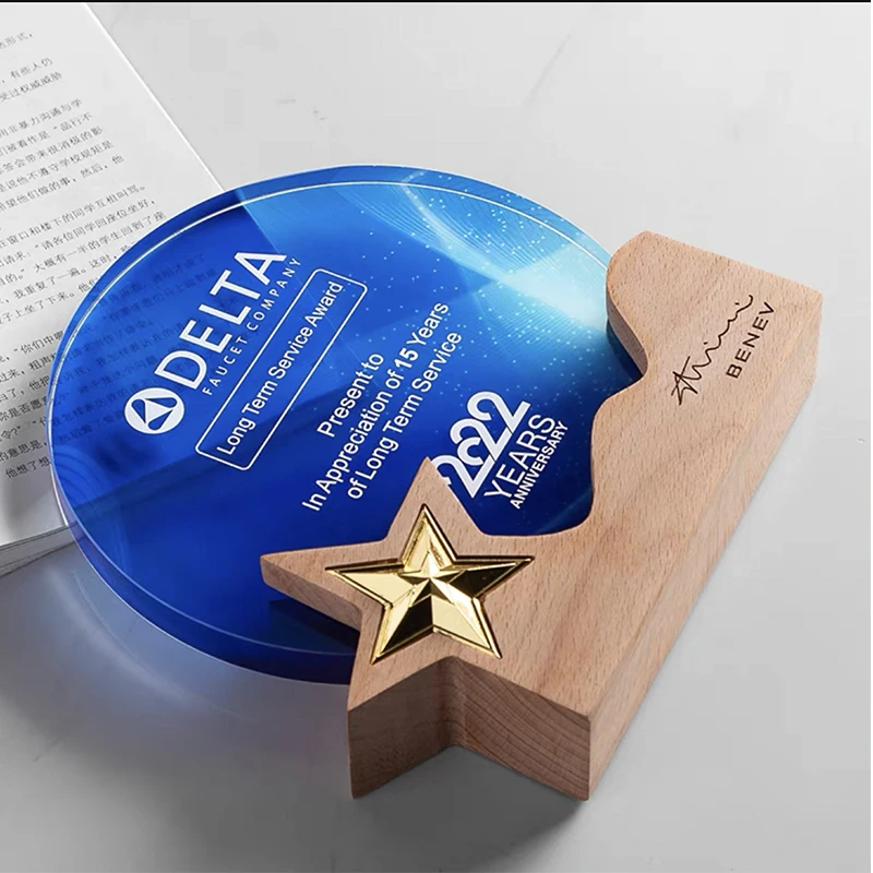 Round Crystal Trophy Company Annual Meeting Service Award Souvenir Gift Box Free Customization Wood Award Cup