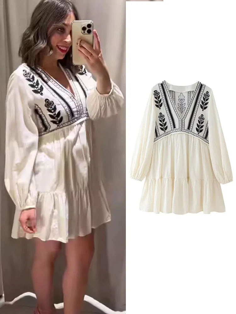 TRAF donna estate fiore ricamato Mini abito elegante manica lunga Patchwork abiti 2024 nuovo vestito Casual moda vacanza