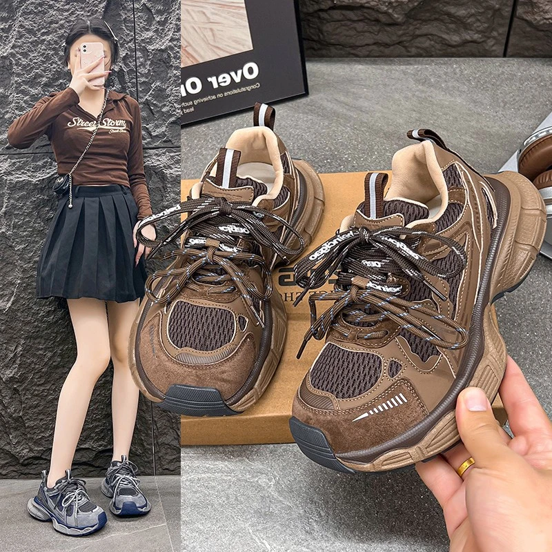 Women Vintage Distressed Sneakers Mesh Lace Up Thick Sole Outdoor Walking Shoes Retro Multicolor Casual Sports Trainers