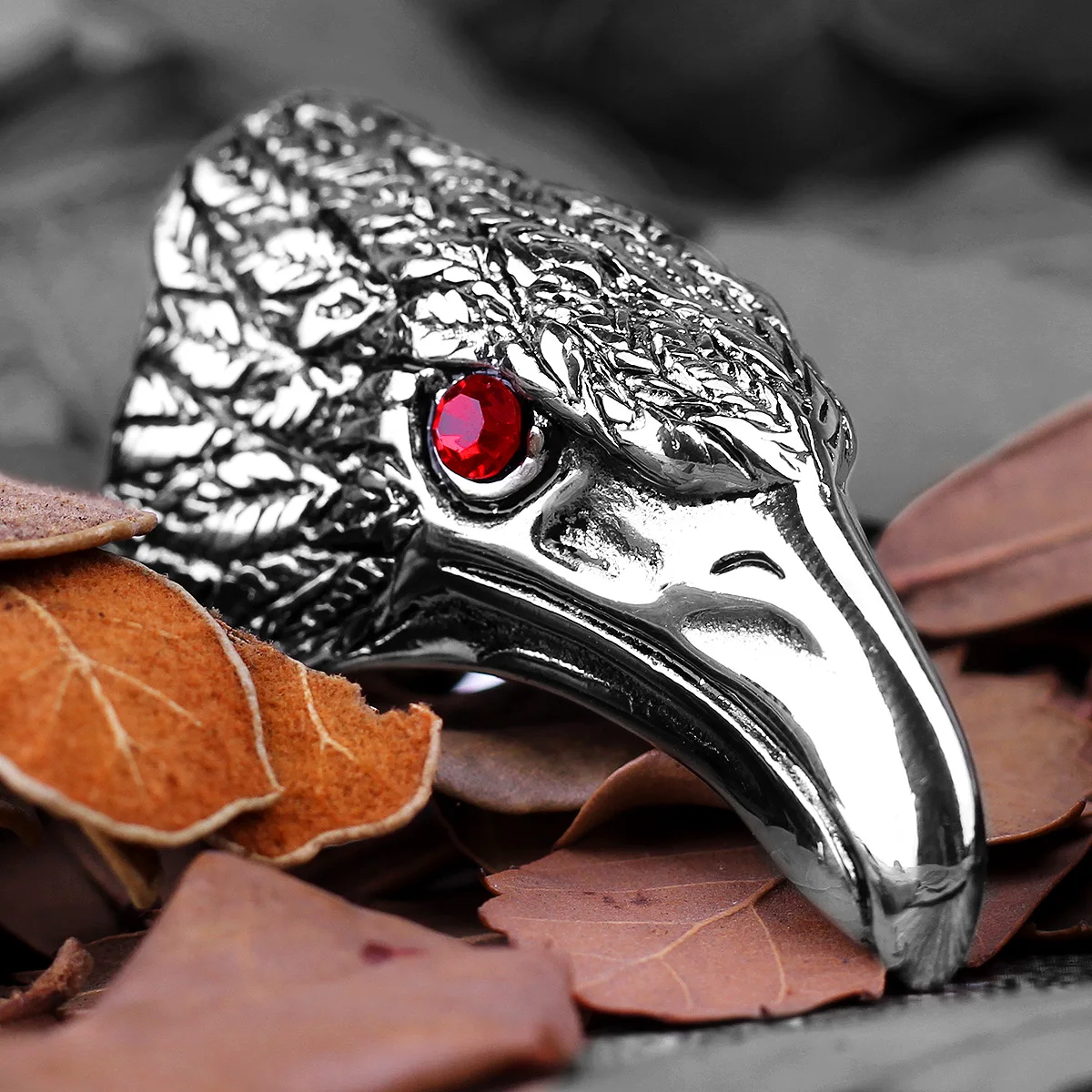 Stainless Steel Man Men Rings Rock Punk Hip Hop Crow Bird Head Red Rhinestone Personality for Male Boy Fashion Jewelry Gift