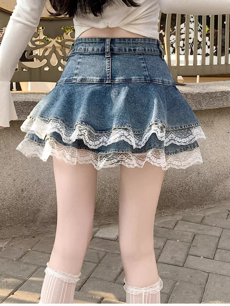 

Шикарная синяя джинсовая юбка с кружевной отделкой в стиле пэчворк, женские летние модные короткие юбки с высокой талией в стиле ретро, новые повседневные универсальные милые юбки