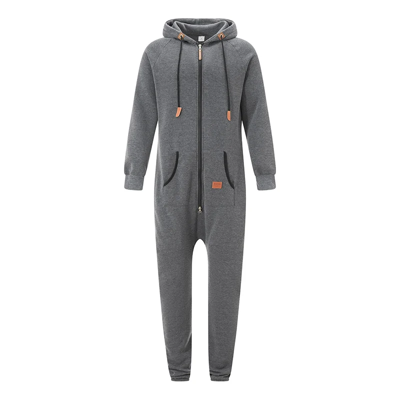 Men\'s Hooded Fleece Lining Jumpsuit Autumn Winter Warm Long Sleeve Full Zipper Overalls with Kangaroo Pockets Night Clothes