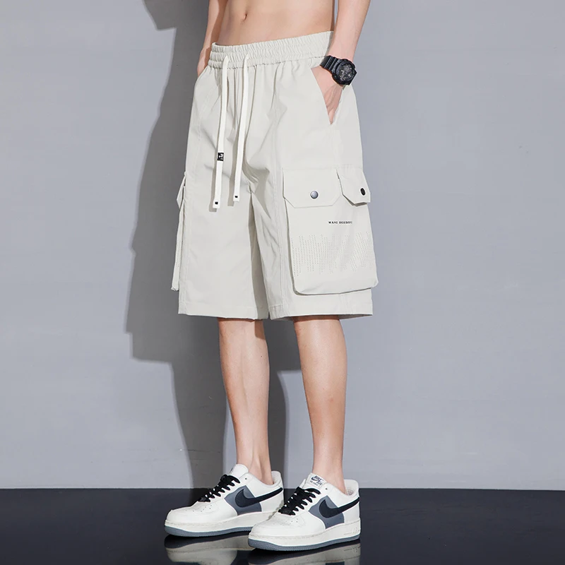 Summer Men\'s Clothing Solid Color Elastic High Waist Pockets Casual Loose Straight Cargo Sweatpants Button England Style Shorts