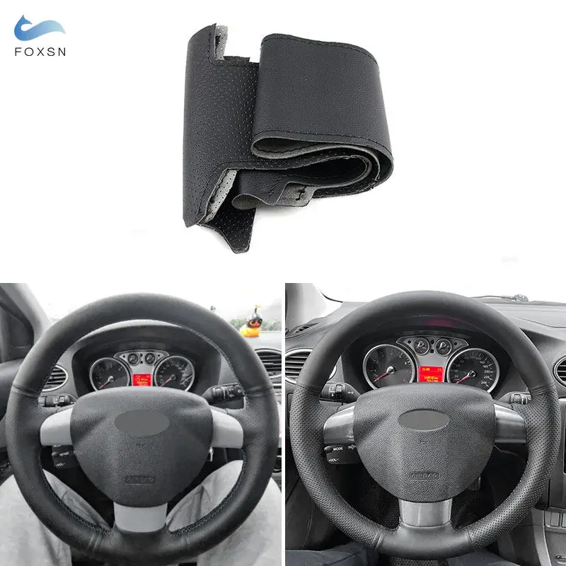 Perforated Leather Black-Line Hand Sewing Steering Wheel Cover For Ford Focus 2 2005 2006 2007 2008 2009 2010 2011 (3-Spoke)