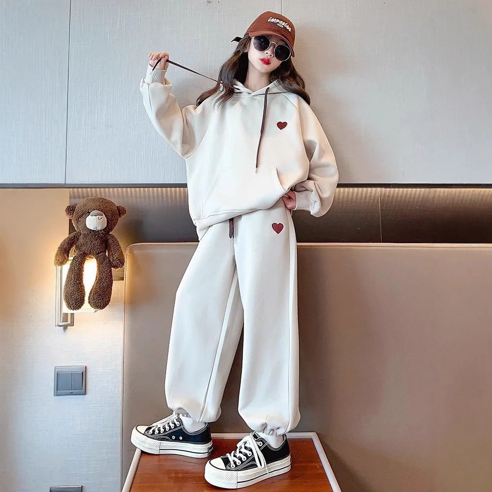 2026 casual spring autumn girl cloth loose heart sweatshirt hooded + ankle-tied pant teens children set 4 8 10 12 14 15 year