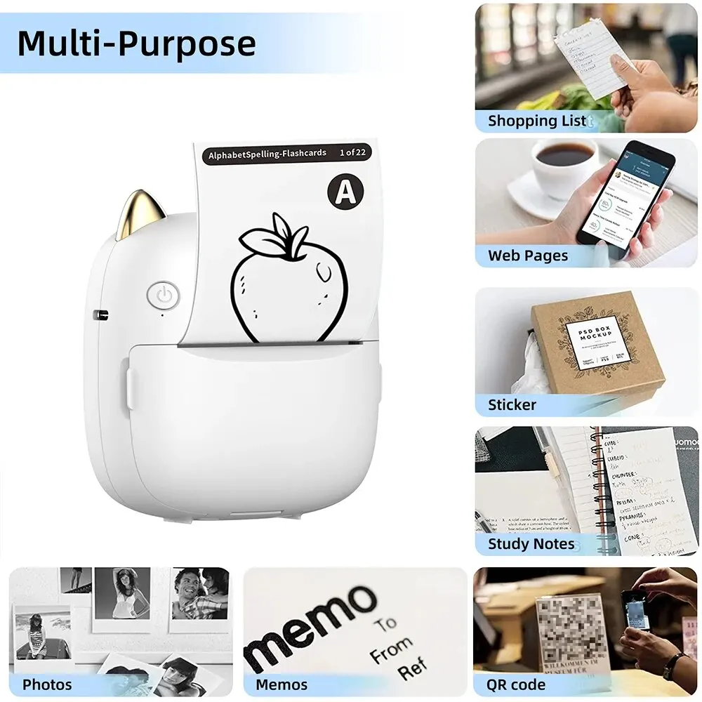 Mini Portable Printer Thermal Printing Sticker Wireless Inkless Mini Pocket Printer Self-adhesive Label Printer Photo Printer