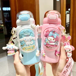Kawaii 460ml Sanrio Kuromi Girl Straw Kettle Crossbody Stainless Steel Children Thermos Bottle Primary School Student Water Cup