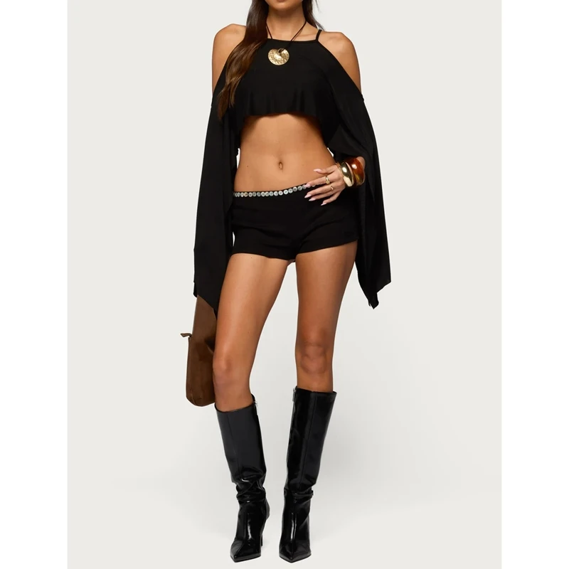 

Women's Summer Elegant Cold Shoulder Long Sleeve Capes Solid Color Cropped Tops Lightweight Flowy Cover-Ups T-Shirt