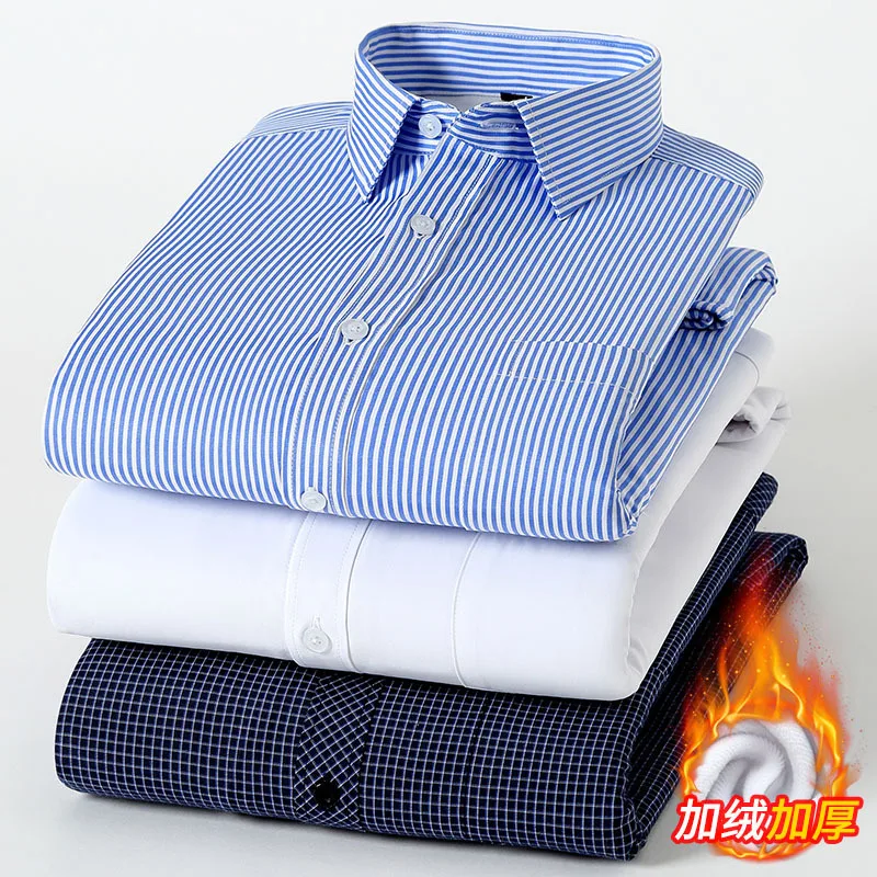High-Quality Men's Plaid Long-Sleeve Warm Shirt Winter New Style Pure Cotton Thickened Fleece Business Formal Solid Color Shirt