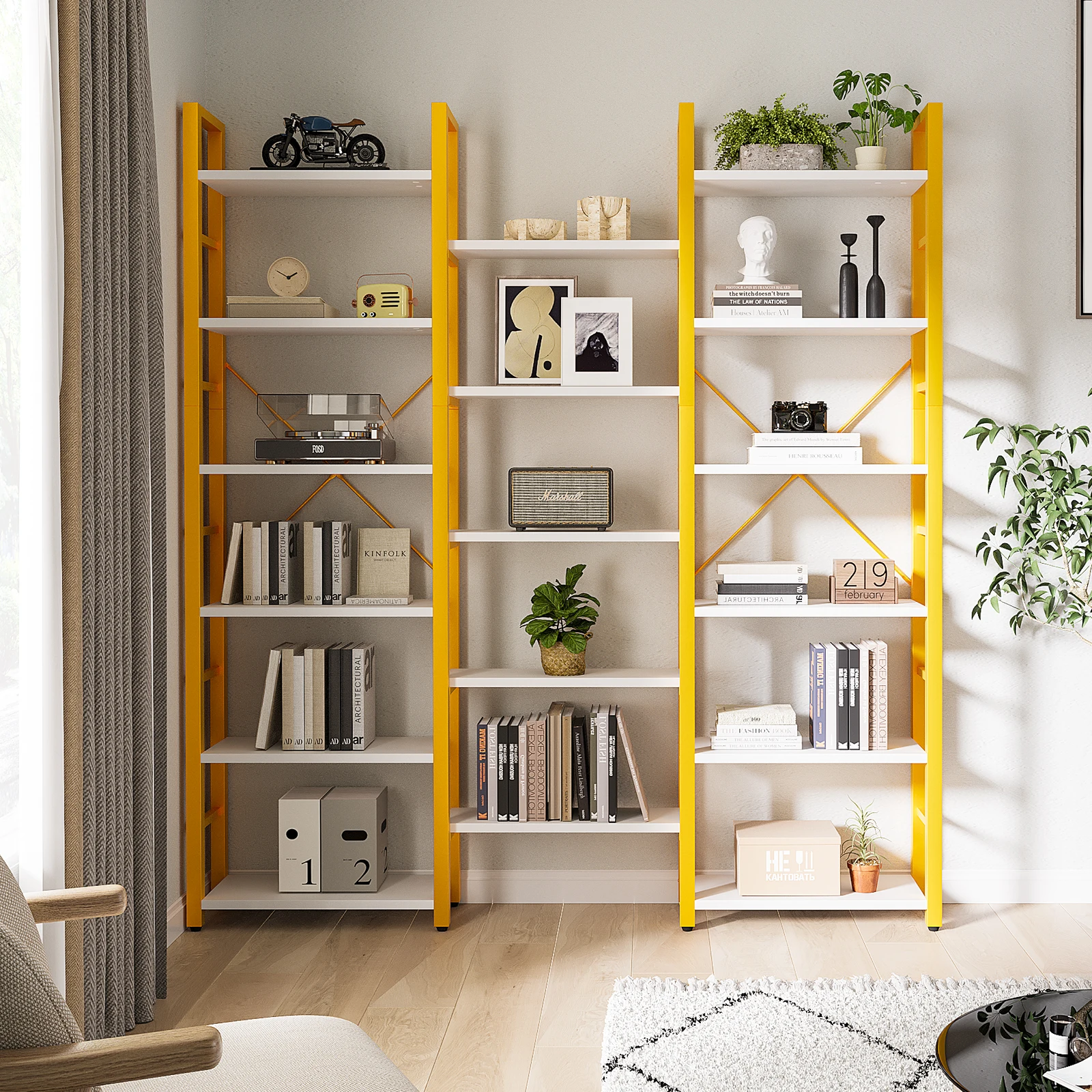 oneinmil Triple Wide 6-Shelf Bookcase Industrial Vintage Wood Style Large Open Bookshelves for Home&Office, Rustic White