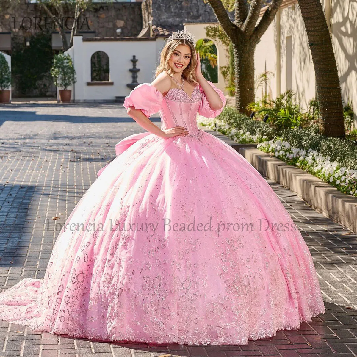 Appliques di paillettes rosa abito Quinceanera elegante fiocco con spalle scoperte 2024 compleanno dolce 15 16 abito Fowers vestidos de 15 asenos