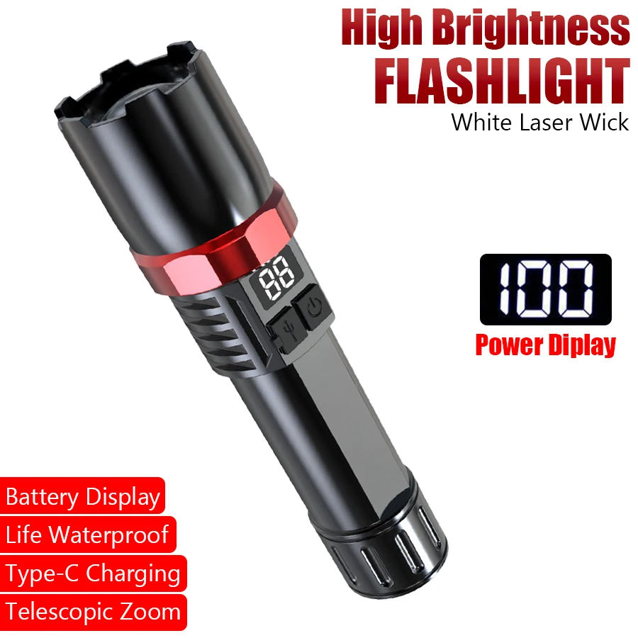 

High Power LED Flashlight USB Rechargeable Lamp with Power Display Telescopic Zoom Tactical Torch for Camping Fishing Emergency