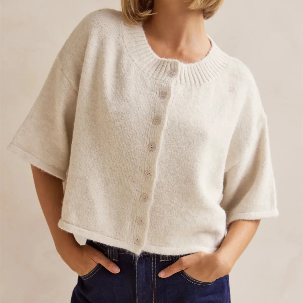 

hirigin Women's Knit Cardigan Stylish Solid Button Down Crew Neck Elbow Sleeve Sweater Jacket Y2k Vintage Knitwear T-shirt