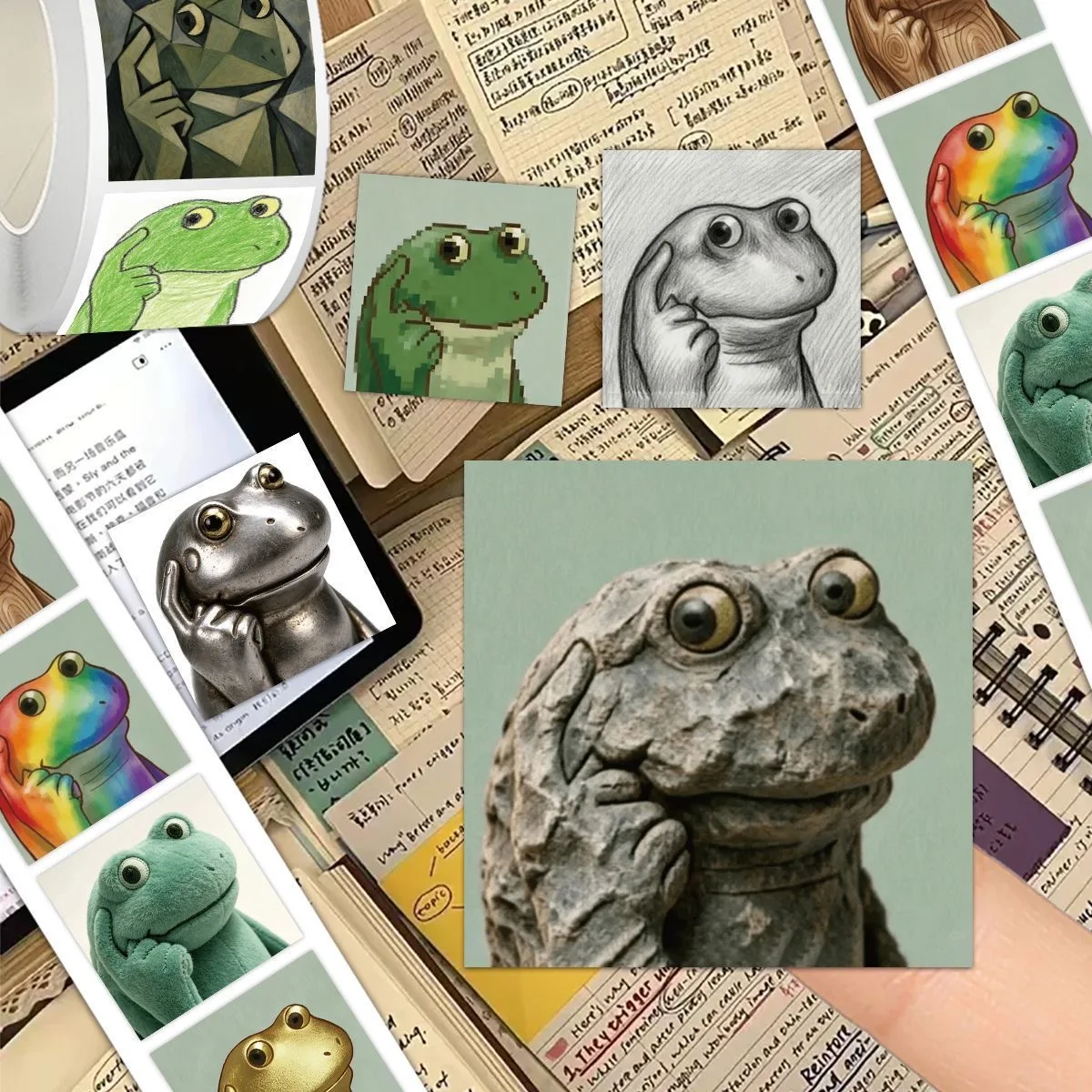 500PCS Frog Meme Finger Roll Stickers, Abstract Cartoon Funny Meme Decals for Wall, Phone Case Decor