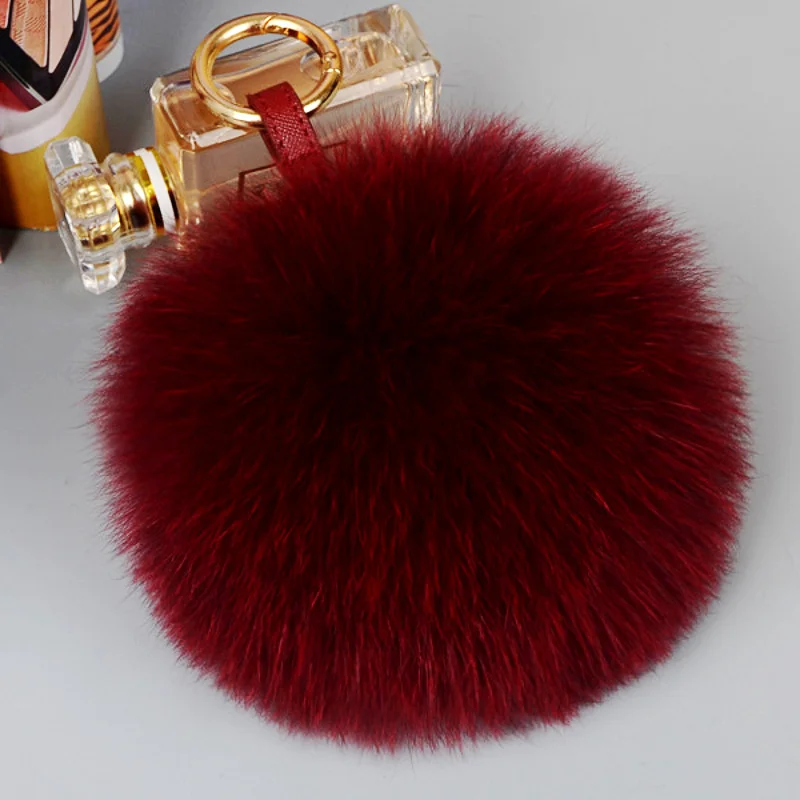 Big 10cm Fluffy Real Fox Fur Ball Pom Poms Natural Fur Pompom Leather Strap Keychain Key Chain Ring Pendant For Women Charm