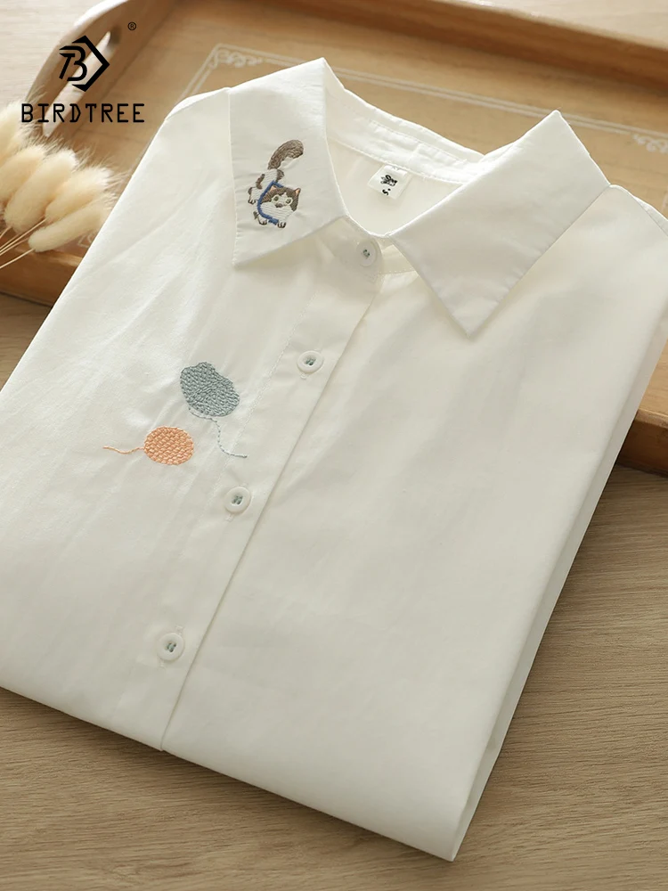 

Новинка 2025, летняя хлопковая рубашка с коротким рукавом, женская рубашка с отложным воротником и вышивкой кота, милая свободная блузка Mori Girl T57484CC