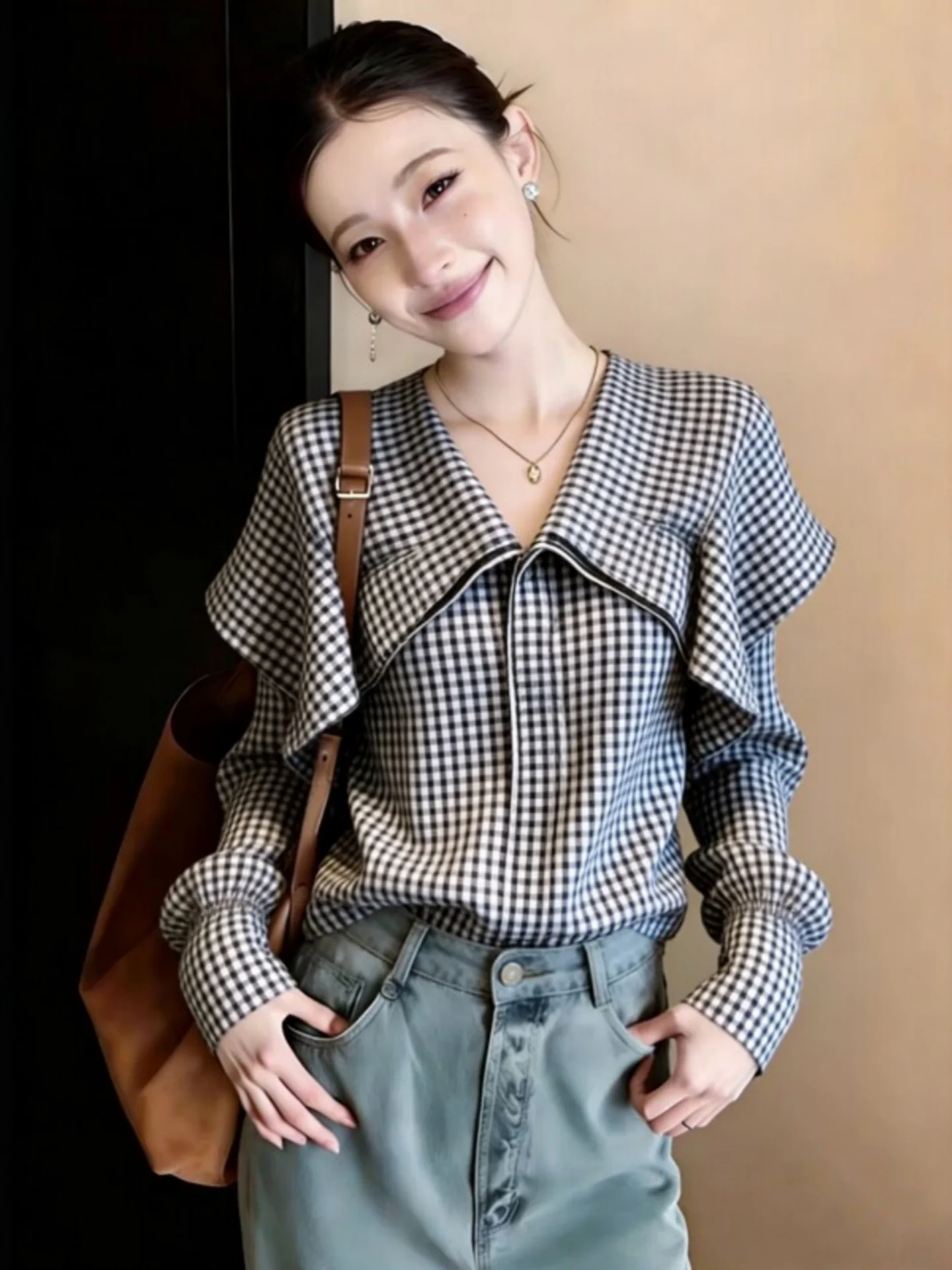 

plus Size Plaid Long Sleeve Shirt Women Loose Beautiful Unique Slimming Top French Style Splice Regular Thickness Daily Wear