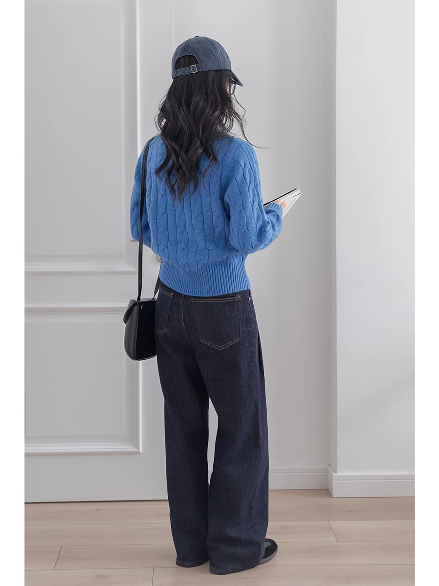 

Retro Twisted Knit Sweater Women's Loose Fit ort Sle round Ne Pullover Blue Top Inner Wear Autumn Winter Korean System