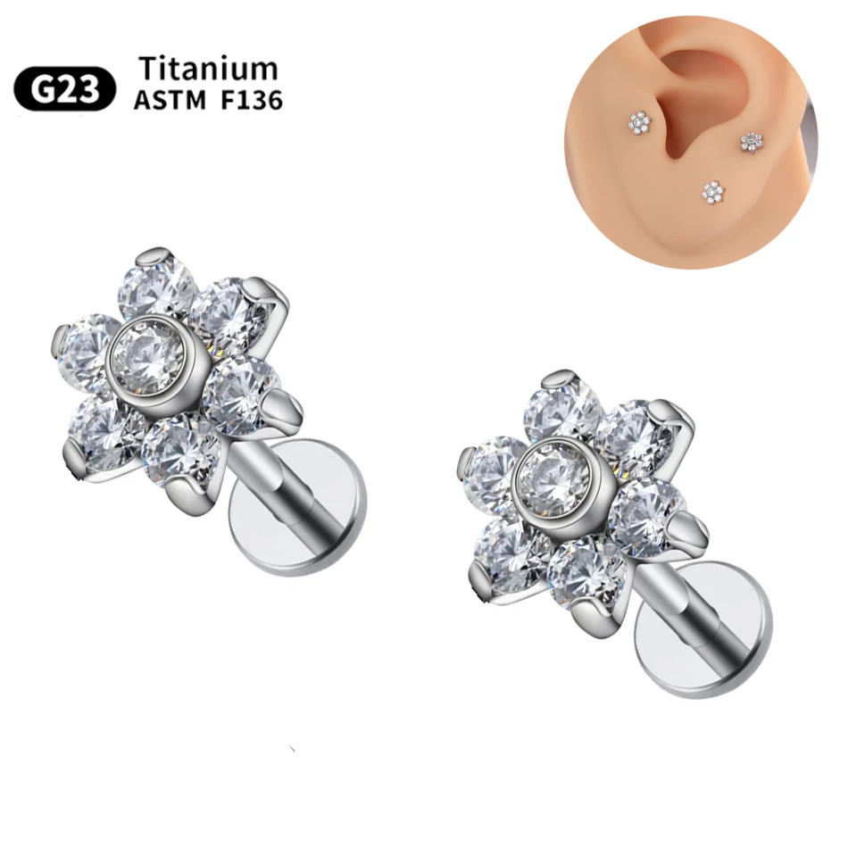 1PC Implant Grade Titanium Piercing Flower Ear Cartilage Earring Labret Lip Pirsing Monroe Helix Tragus Piercing Stud Women 16G