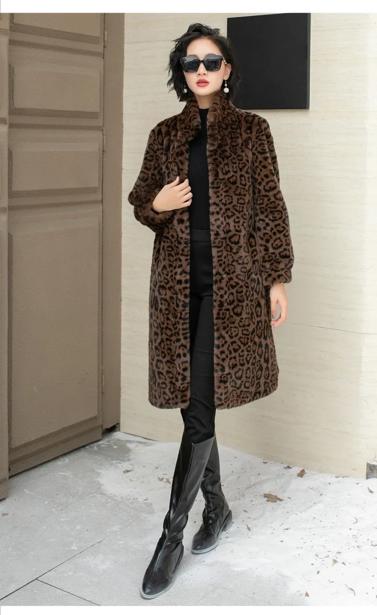 

Outdoor Sports Warm Casual Long Parkas Fashion Women Jacket Leopard Print Faux Mink Fur Casual Loose Winter Coat