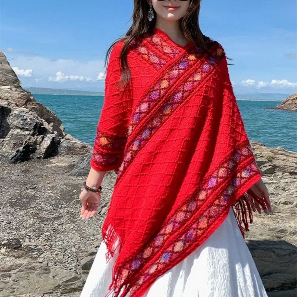 

Classic Printing Ethnic Style Scarf Rhombic Stripe Knitted Cape Fashion Scarf Accessories Imitation Cashmere Shawl Student