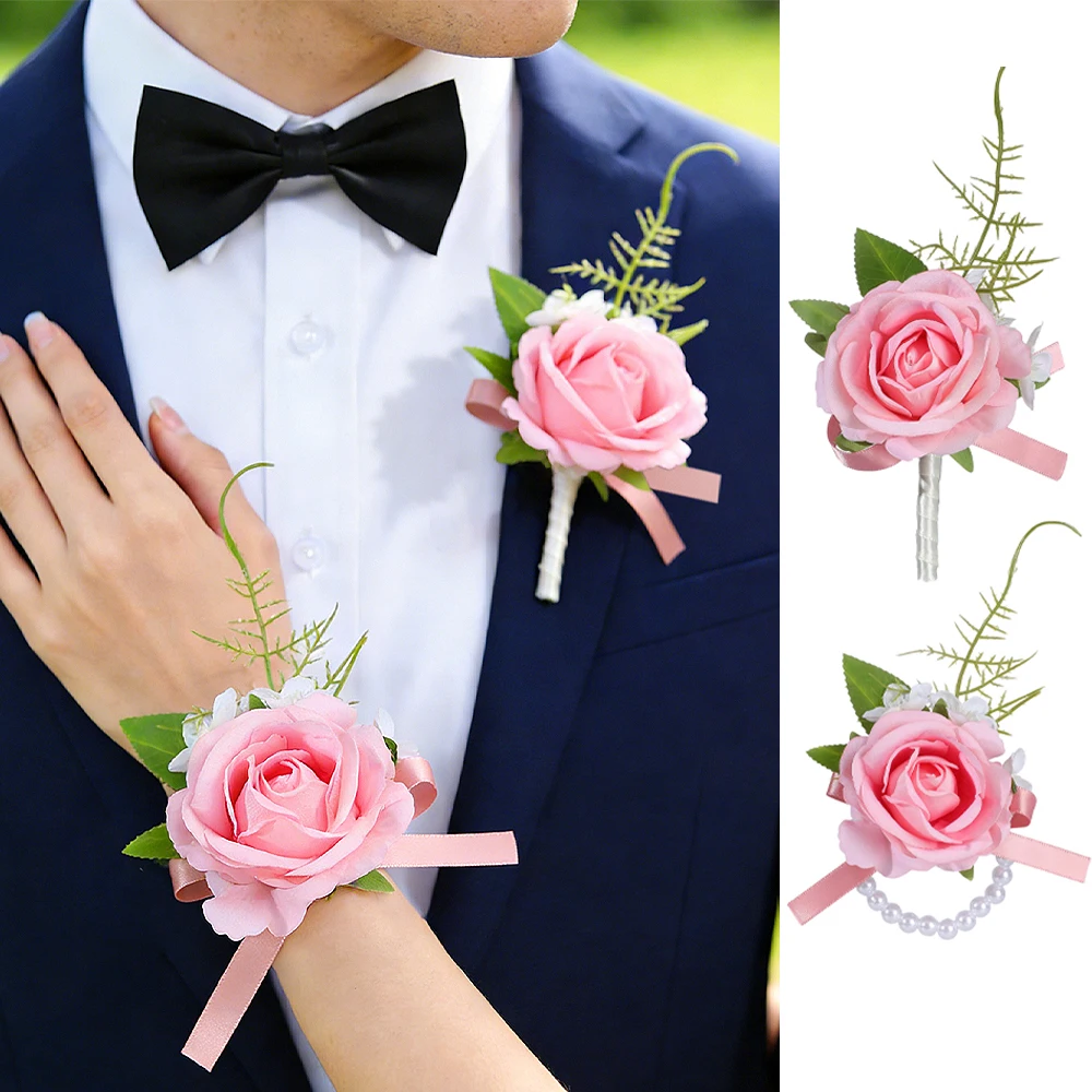 Corsage y Boutonniere para Boda, Pulseras de Flores Artificiales, Corsage de Muñeca para Regreso a Casa, Boutonniere para Hombre