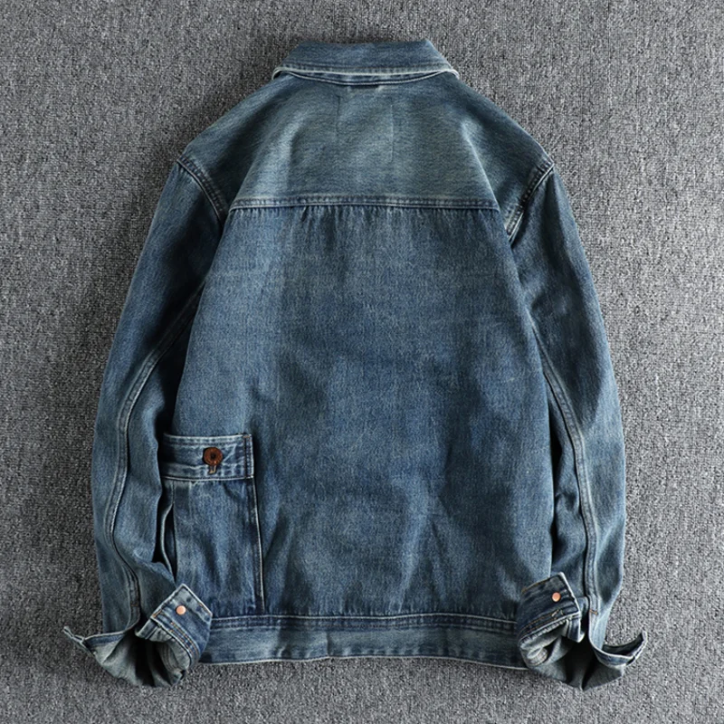 Heavy vintage do old Khaki motorcycle denim jacket men\'s cargo pocket trend all-match youth coat