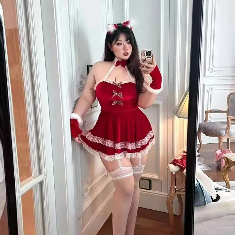 Robe sexy en velours pour femmes, vêtements de nuit rouges, grande taille, cosplay de fête de Noël, lapin, lingerie pour fille, vêtements de nuit du nouvel an XL, vente en gros