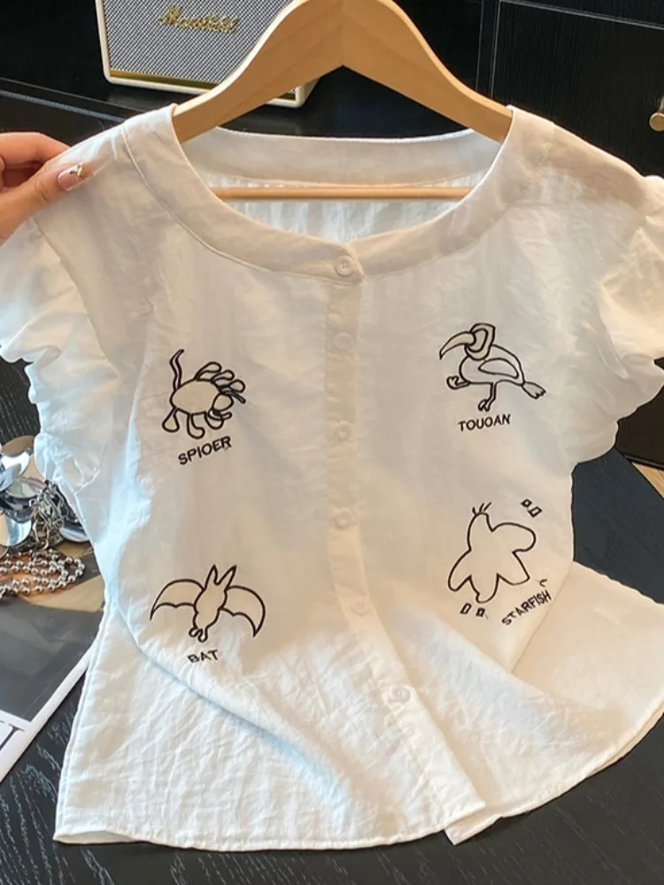 

Ele Embroidered Flower Bud Svel irt Women Summer Unique Loose Fce Sve Top Korean Sle Button round Ne