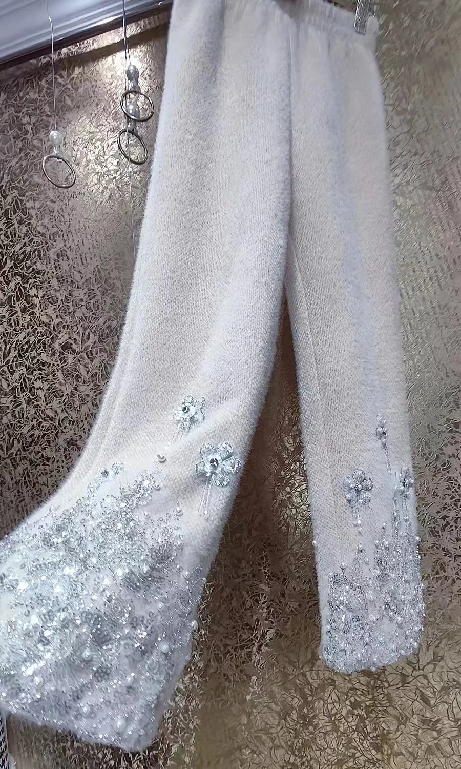 Luxury Style Pearls Beaded Sequined Stitch Thick Warm Pants Heavy Industry Wide-Leg Pants Autumn Winter 2024 Women Trousers