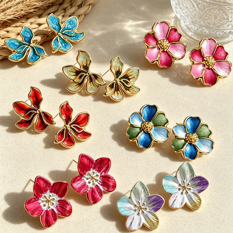 Trendy Enamel Painted Flower Stud Earrings Gold Plated Stainless Steel Multi Color Floral Ear Jewelry Statement Gift for Women