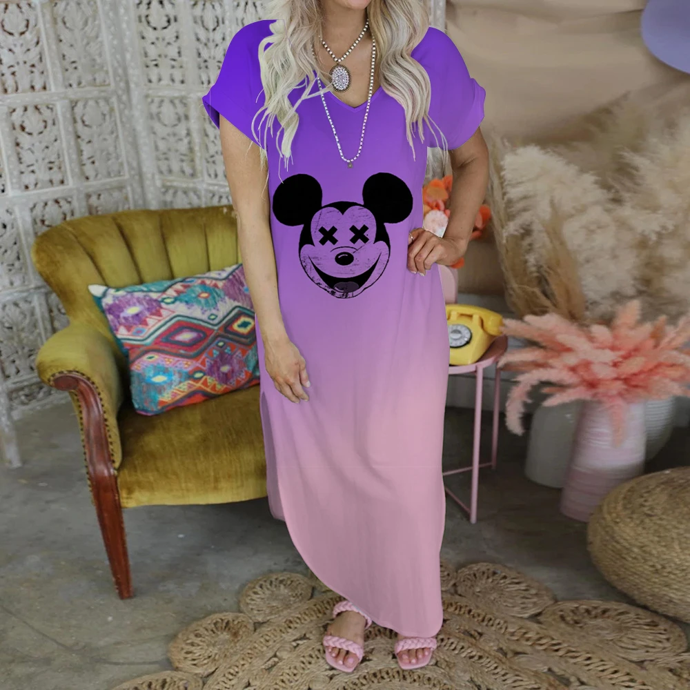 Minnie Mouse Maxi Dress Disney eleganckie damskie sukienki na co dzień dla kobiet 2022 modny nadruk spódnica z rozcięciem V-Neck Robe Evening Party